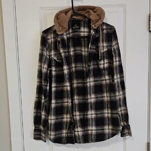 Hooded Plaid Button-Up Shirt Jacket - Black & Tan